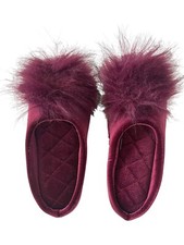 INC Womens 5-6 Raspberry Velour Slippers Shoes Faux Fur Pom Slip On NWOT SL1H