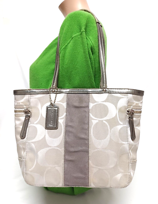 COACH SIGNATURE STRIPE LIGHT GRAY JACQUARD Y2K TOTE HANDBAG 13280