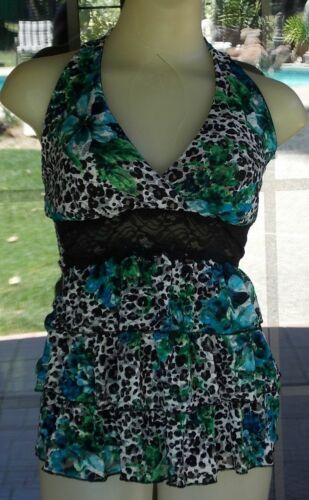 Leopard Print Halter Style Lace Trim Layered Lace Ruffles Halter Top Sz. S   - Picture 1 of 5