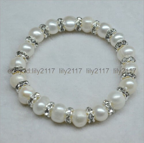 Genuine natural 8-9mm white pearl rhinestone spacer bracelet 7.5 inches - Picture 5 of 6