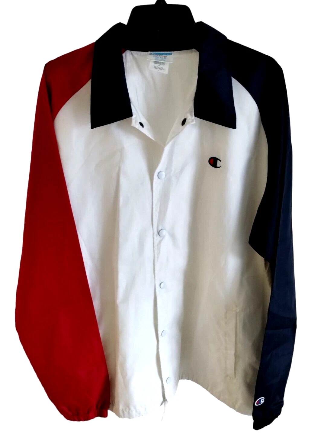 Vintage Champion Windbreaker Red White Blue Polyester Cotton Lined Collar Button