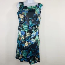 Ivy & Blu Womens Dress sz 14 Blue Floral Knee Length Lined Stretch Wide Strap