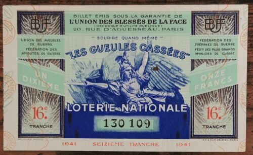 Billet de loterie nationale 1941 16e tranche - Gueules Cassées  1/10 - Afbeelding 1 van 2