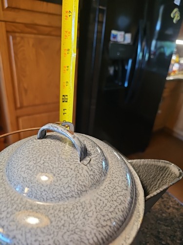 Large Grey Speckled Enamel/Graniteware Cowboy Pot W/Lid Wired Wood Handle Vntg - Picture 14 of 15