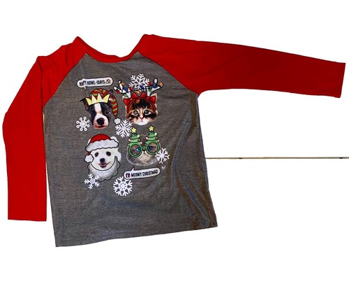 Justice Christmas Fun Dog & Cat Pattern Pajama Set Girls Size 18/20 Gray Red - Picture 3 of 17