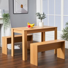 Small Space Wood Dining Table and 2 Bench Chairs Set Kitchen Room Home Furniture