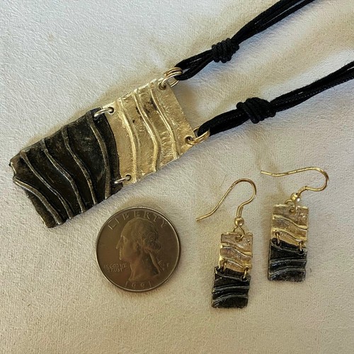 Pewter Earrings Necklace Set 2 Tone Silver Black Cord Rectangle Pendant Dangle - Picture 3 of 11