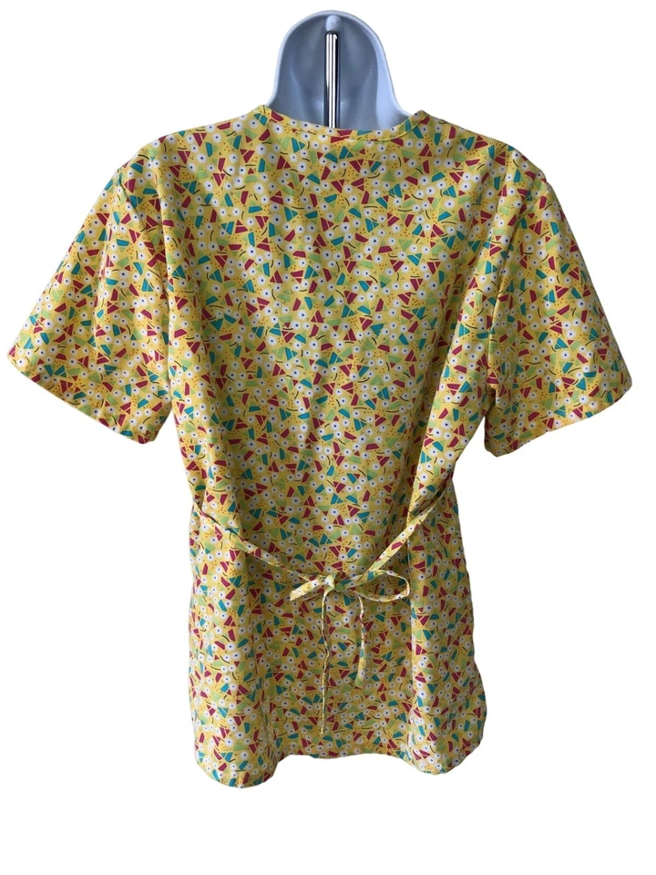 SB Scrubs Womens Scrub Top Size S Yellow w Triangles Circles Pockets Tie Back - Image 4 of 4