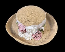 Vintage woman'sbeige hat with flowers Pin  Lace Brand Sonni Straw