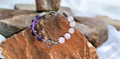 DUO Edelstein Armband ROSENQUARZ / AMETHYST / HERZ - einzigartige Perlenkreation