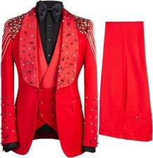 Luxury Men's Tuxedo Suits Rhinestone Shawl Lapel Blazers Slim Jacket Vest Pants