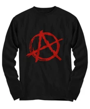 Punk Rock Red Anarchy A Black Long Sleve T-Shirt Ancom Rock and Roll Unisex Tee