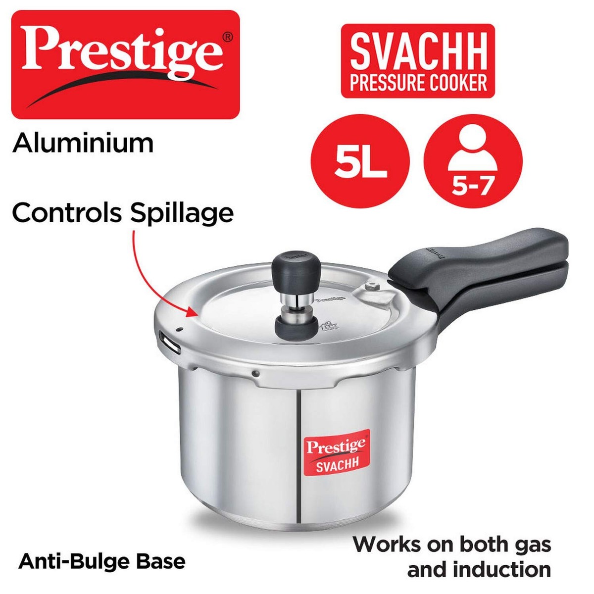 Prestige Svachh Aluminium Outer Lid Pressure Cooker 5L, Induction
