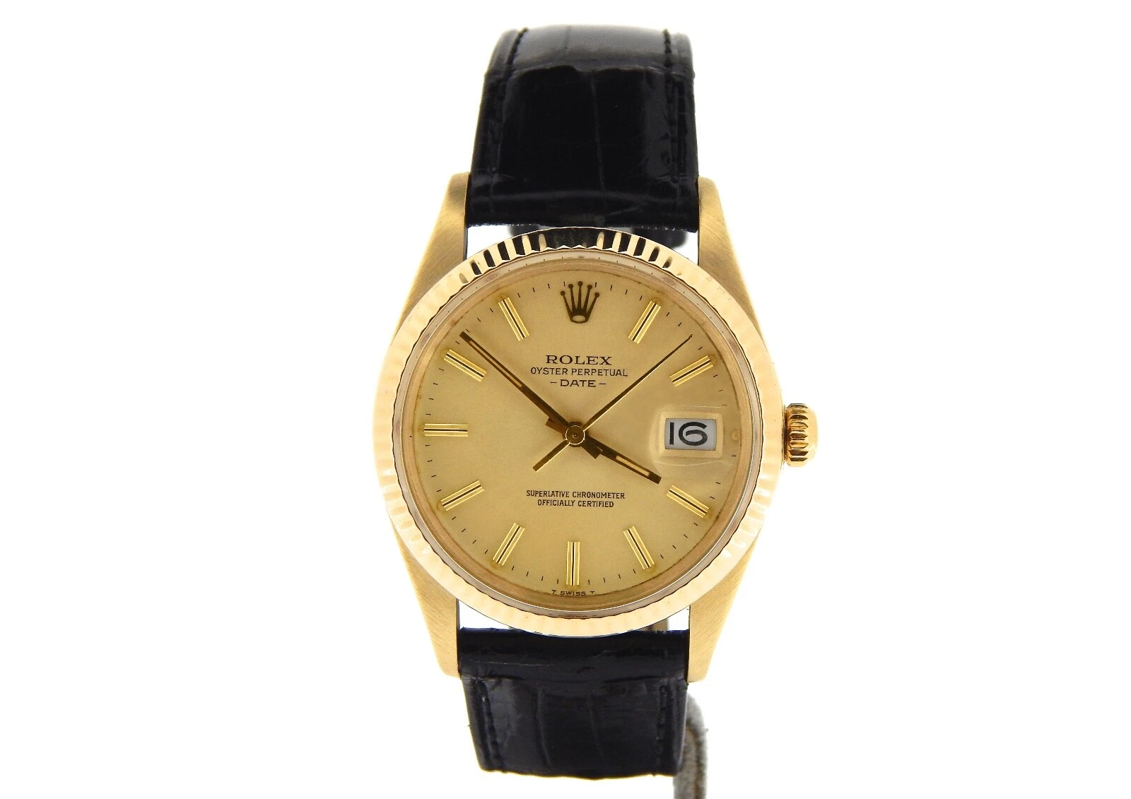 Rolex — Rolex Date 15037 Mens Solid 14K Yellow Gold Watch Champagne Dial Black