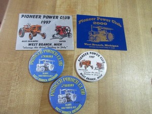 Pioneer Power Club West Branch MI 2 metal plaques 3 pin back buttons. (mk)