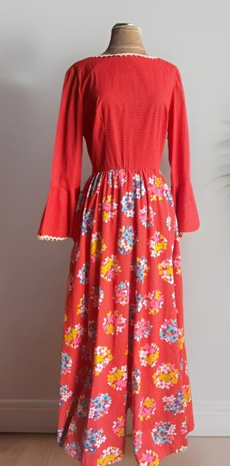 VTG 70s Maxi Dress Bell Sleeves B Cohen Neiman Marcus Hostess Boho Flower Power - Image 3 of 4