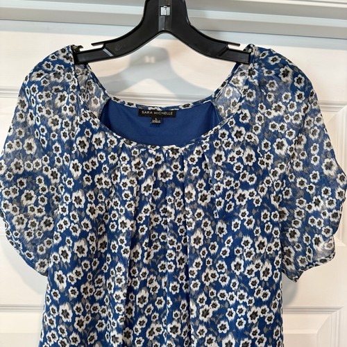 Blusa Top Sara Michelle Para Mujer Talla L Manga Corta Floral Dobladillo Burbuja Azul - Imagen 2 de 9