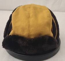  Vtg Brown Leather Trapper Hat L Faux Fur Ear Flaps Winter Aviator USA Made