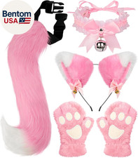 Cat Ears and Tail,Wolf Fox Ears Long Tail and Bell Lace Choker Set for Halloween