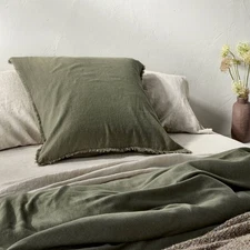 Euro Heavyweight Linen Blend Comforter Pillow Sham Olive Green - Casaluna