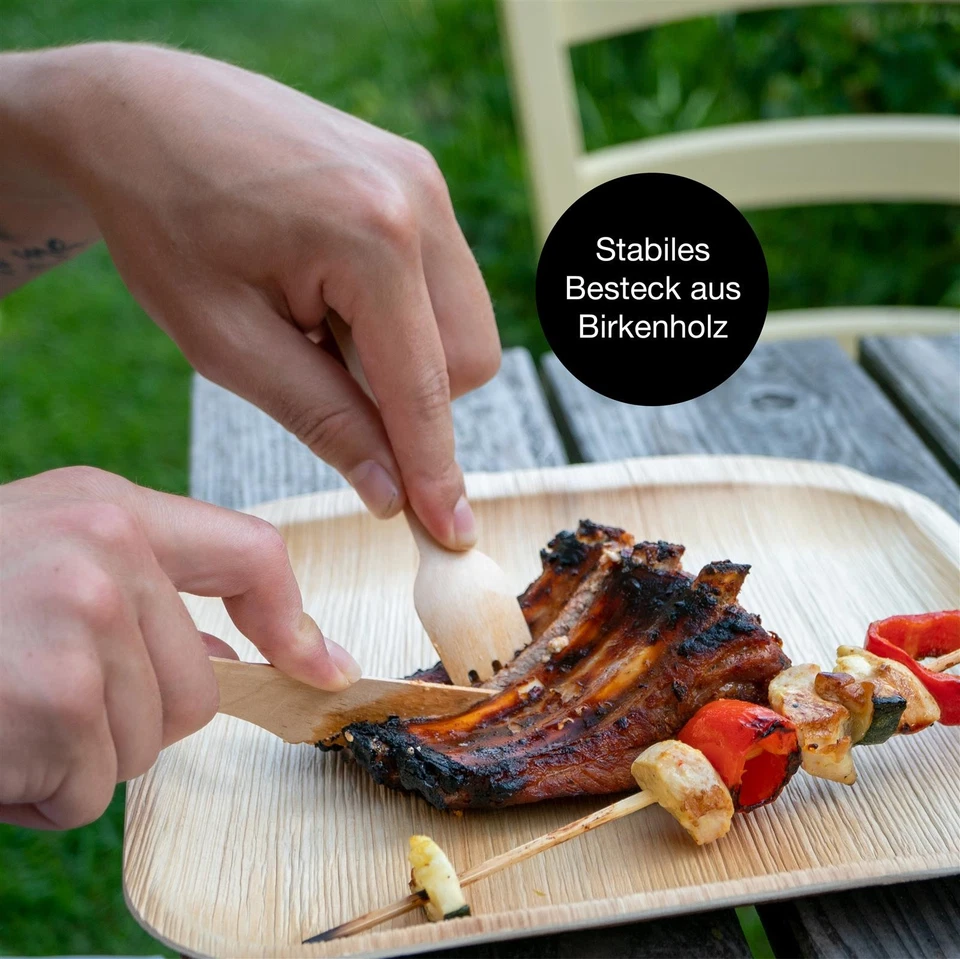 Hochwertiges Palmblatt Geschirr Teller Holzbesteck Biologisch Abbaubar Einweg - Bild 4 von 4