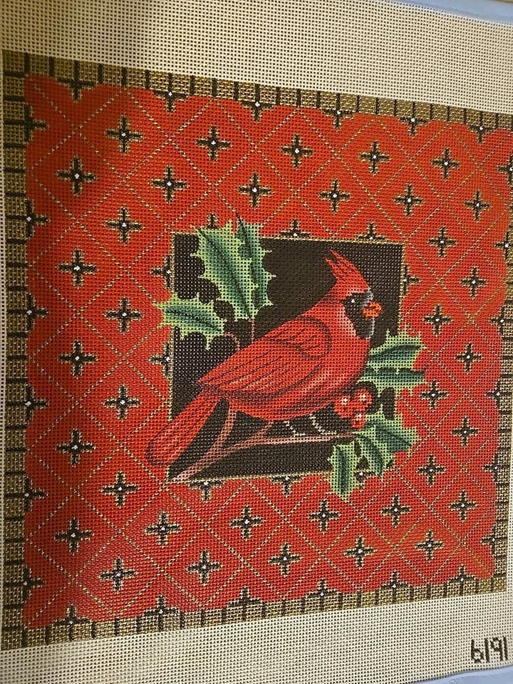 Punta de aguja pintada a mano Amanda Lawford Navidad Cardenal 12x12 Foto 2 de 4