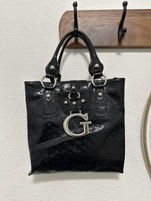 VINTAGE GUESS BLACK PATENT OSTRICH TOTE
