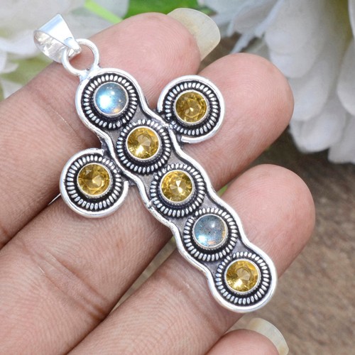 Elegante colgante de plata de ley 925 con cruz de piedras preciosas de labradorita de topacio citrino - Imagen 7 de 10