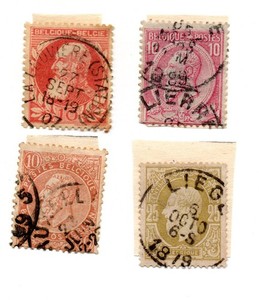 Belgium 1890-1910, king leopold II facing left, set of 4 antique stamps