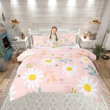 Girls Daisy Flowers Twin Size Comforter Set,Kids Cartoon Leaf Decor All Seaso...
