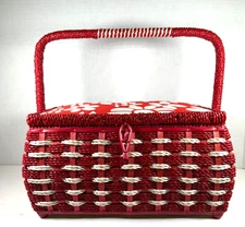 Vintage SINGER Woven Sewing Basket Box Red Satin Quilted with Dozens of Notions