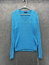 Polo Ralph Lauren Sweater Womens Medium Blue Cable Knit V Neck Logo Pullover