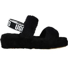 UGG Fluff Yeah Sling Back Strap Black Fluffy Slippers Womens Size 7