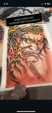 Large Watercolor Tattoo Flash Japanese Mask with Sword Stylized Face Design