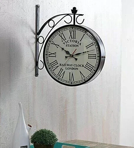 Reloj de Pared Estación Negro Doble Cara Estilo Antiguo Hogar Navidad Decoración Regalo Foto 3 de 4