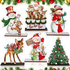 6 Pcs Christmas Table Decorations Wooden Snowman Reindeer Decor