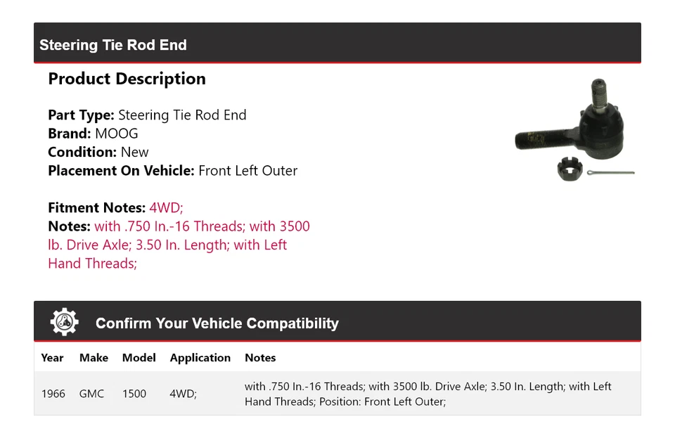 For 1966 GMC 1500 4WD Steering Tie Rod End Front Left Outer MOOG - Image 2 of 4