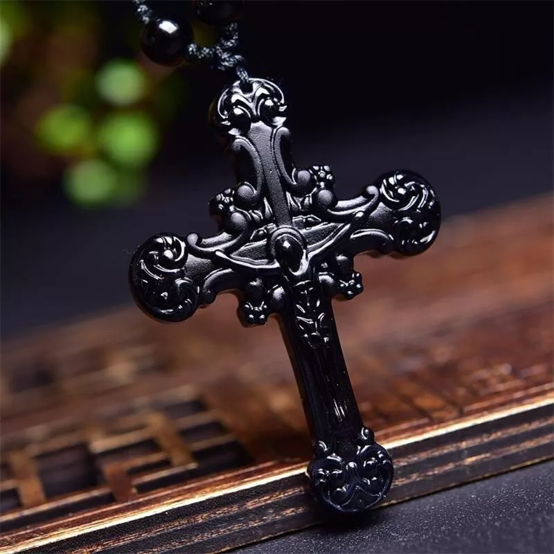 Obsidian Cross Pendant Black Talismans Necklace Jewelry Jesus Gemstone Natural