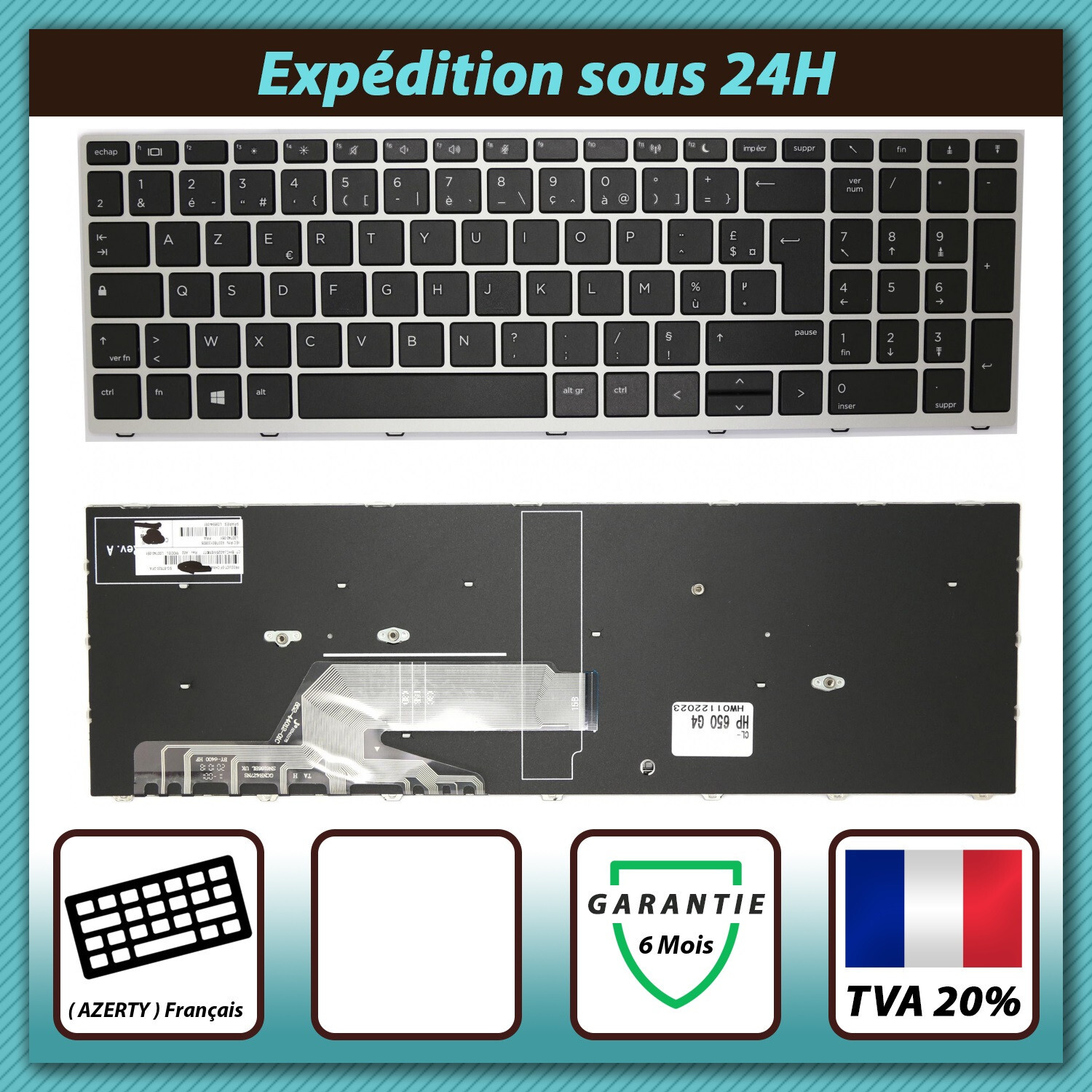 Clavier HP L00740-051 AZERTY pièce de rechange 6037B0133805 pour réparation ordinateur