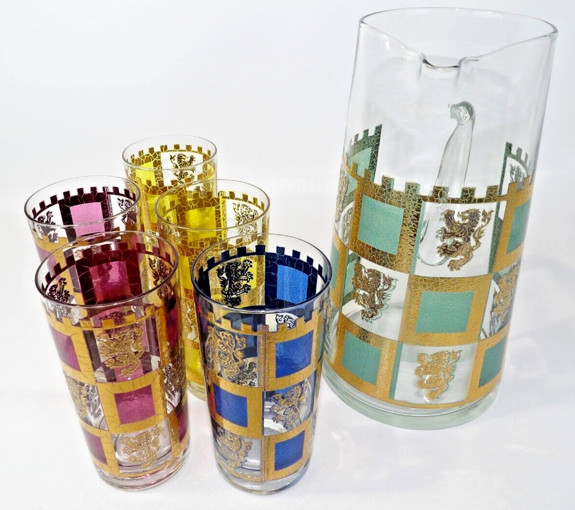 West Virginia Glass Henry 8th Lion Castle Rampart Crest 6 Pc Pitcher & Glass Set