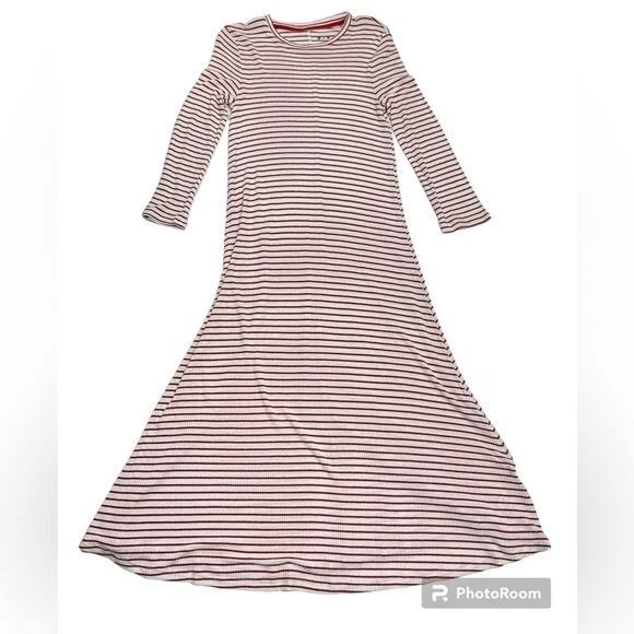 Anthropologie Three Dots Midi Dress Red & White Stripe Casual Ribbed 3/4 Sleeve - Image 2 of 4