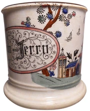 RARE TOM & JERRY EARLY 19TH C ENG PEARLWARE CHILD'S CUP SGND MINA, W/ASIAN THEME