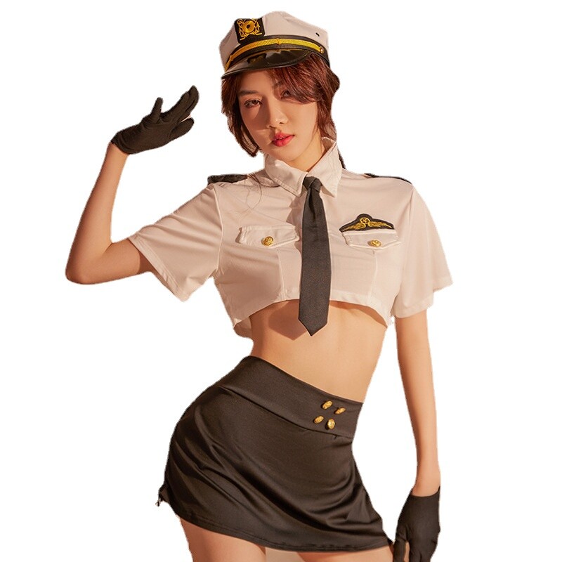 Sexy Women Lingerie Pilot Wrap Skirt Flight Captain Cosplay Stewardess Costume