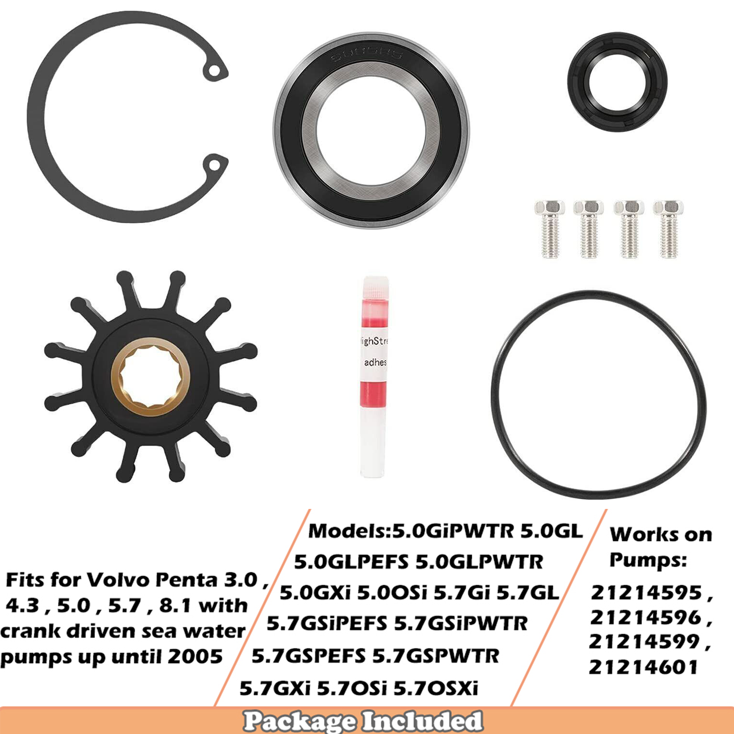 Volvo Penta Water Pump Impeller Kit 1999-2005 for 3.0L to 8.1L Engines 21214599