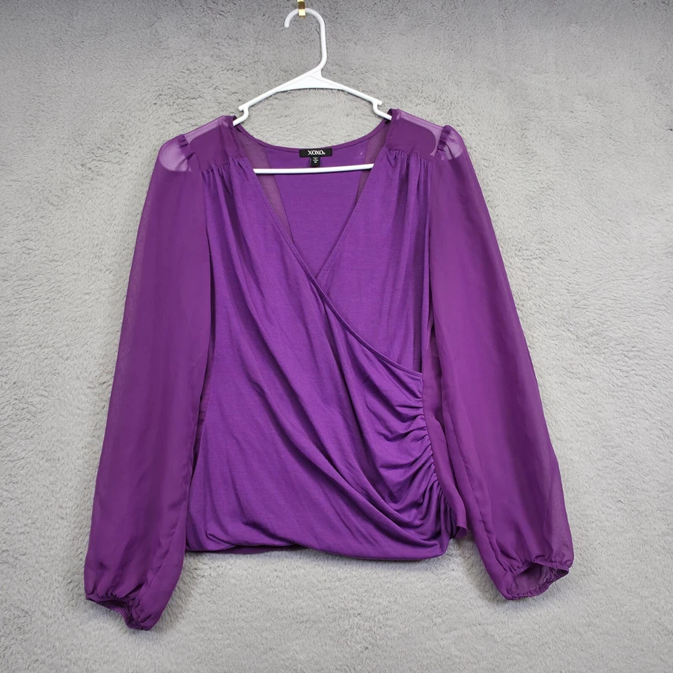 XOXO Top Womens M Purple Draped Surplice Ruched Sheer Statement Elegant Cocktail - Image 2 of 4