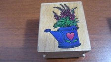 Rubber Stamp on Wood WATERING CAN with FLOWERS