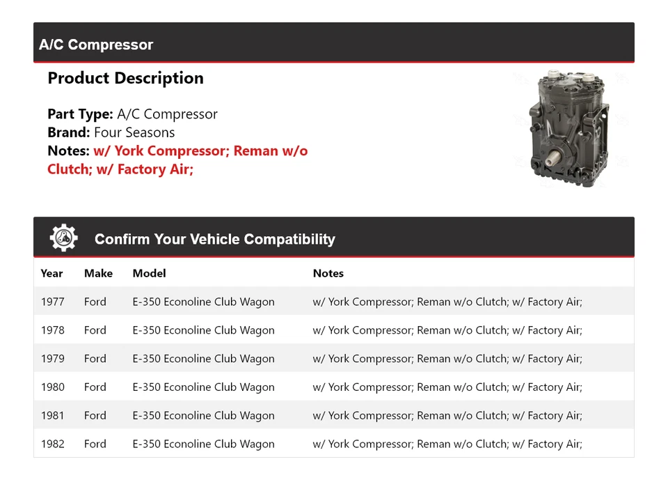 For 1977-1982 Ford E-350 Econoline Club Wagon A/C Compressor 4 Seasons 1978 1979 - Image 2 of 4