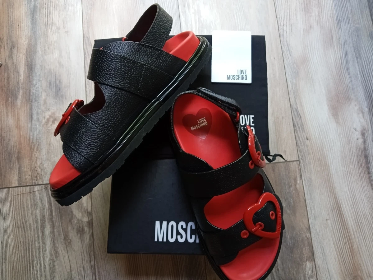 NEW LOVE MOSCHINO Italy Sandals Leather Black Red Hearts Logo Cute