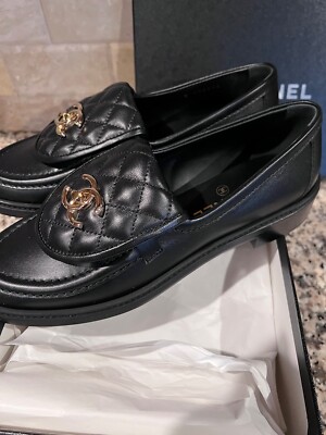 CHANEL 23A-2024 NEW TAGS CLASSIC BLACK LAMBSKIN LOAFERS GOLD CC