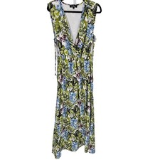 Lulus Womens Sz L Maxi Length V Neck Floral Dress Side Tie Green Blue
